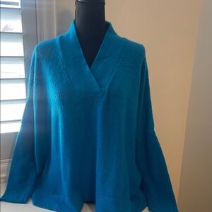 &merci Oversized Fuzzy Turquoise Blue V-Neck Sweater